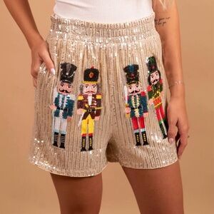 High-Waist Gold Sequin Nutcracker Embroidered Women's Shorts